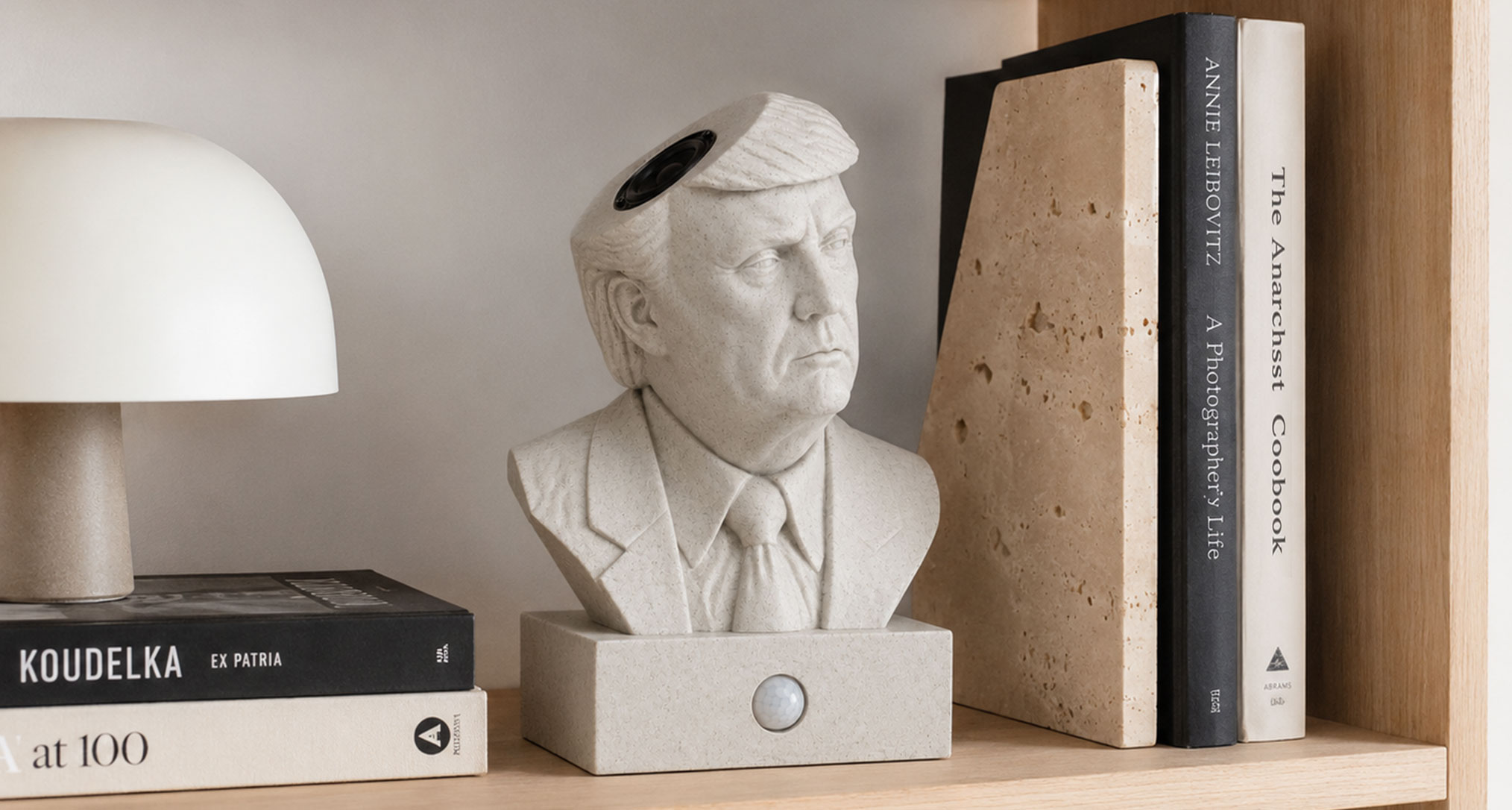 LE PRÉSIDENT — a 25cm 3D-printed presidential bust with a speaker driver embedded in the head and a PIR motion sensor in the base